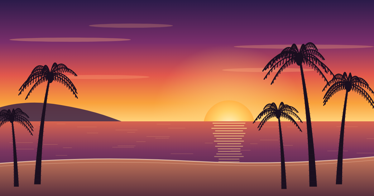 Sunset over the Pacific Ocean from a California beach lined with palm trees.
