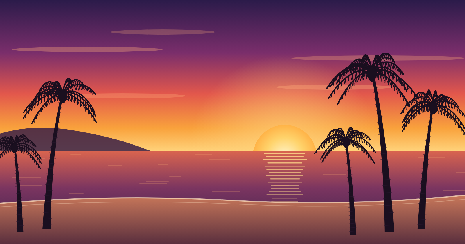 Sunset over the Pacific Ocean from a California beach lined with palm trees.